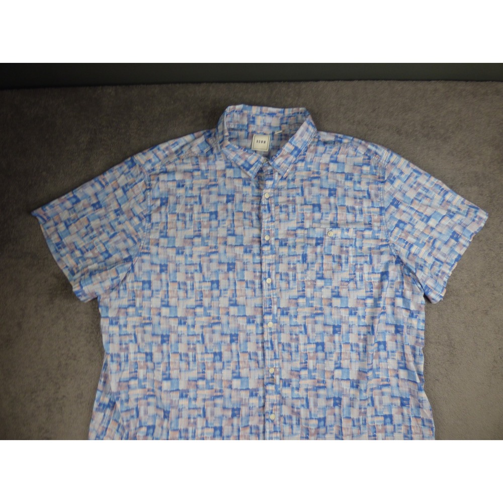 ROWM Mens 3XB Short Sleeve Button Down Shirt Blue Orange Abstract Grid Print